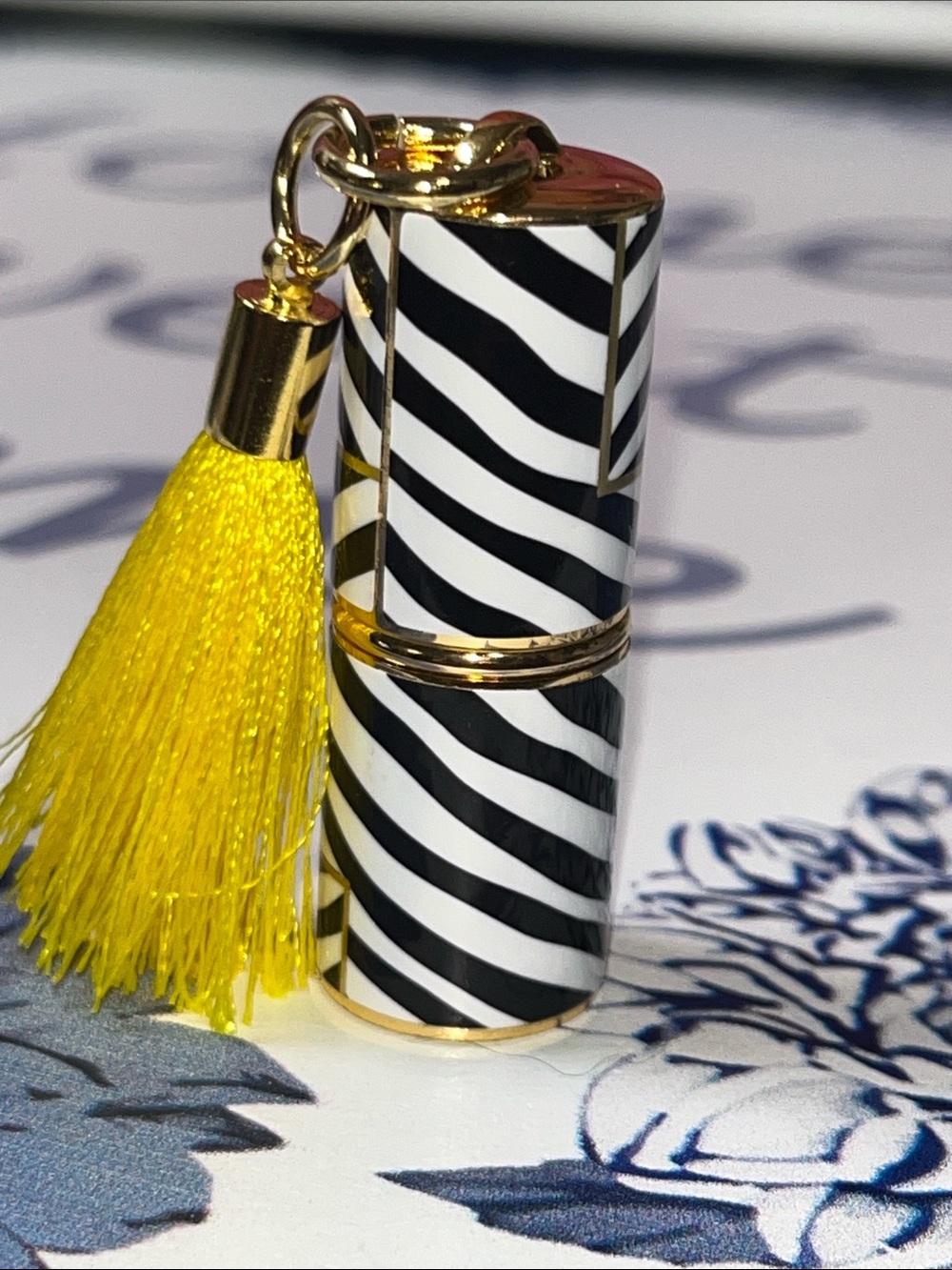 Mini Black & White Zebra Lipstick (red) Case Keychain with Yellow Tassel